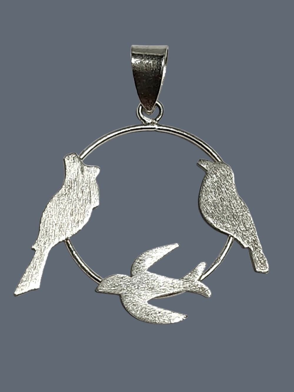 Silver Bird Trio Circle Brushed Pendant 1.5"